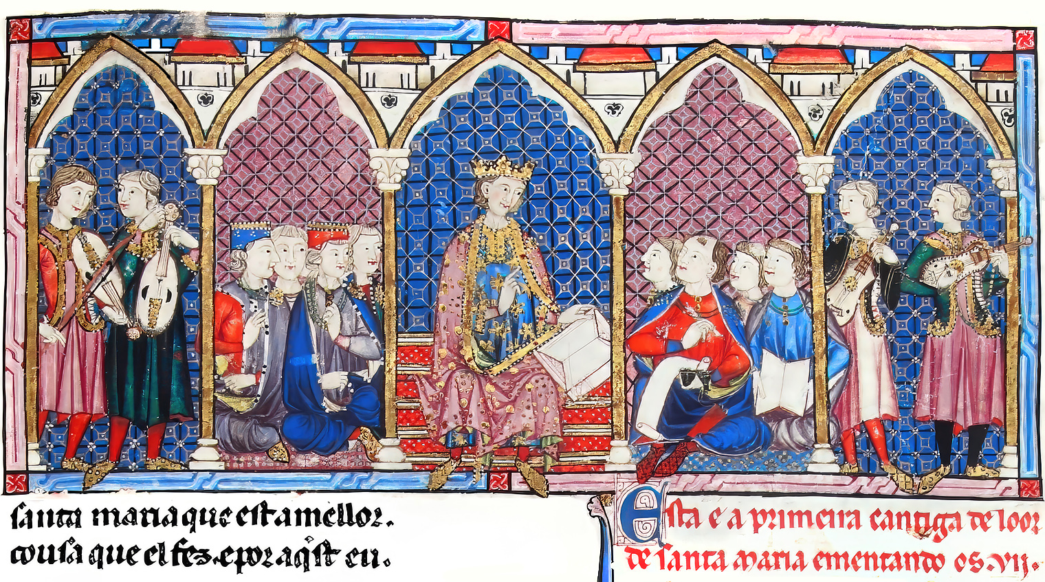 Trovadorismo | Royal court of Alfonso X, 1221-1284, depicted in Cantigas de Santa María, p. 69 | Patrimonio Nacional