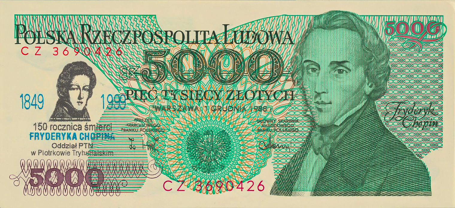 Chopin Money | 5000 zloty banknote from Poland's communist era. The flip side has a facsimile of the theme from Chopin's Polonaise in F minor, Op. 71 No. 3 | Fryderyk Chopin Institute