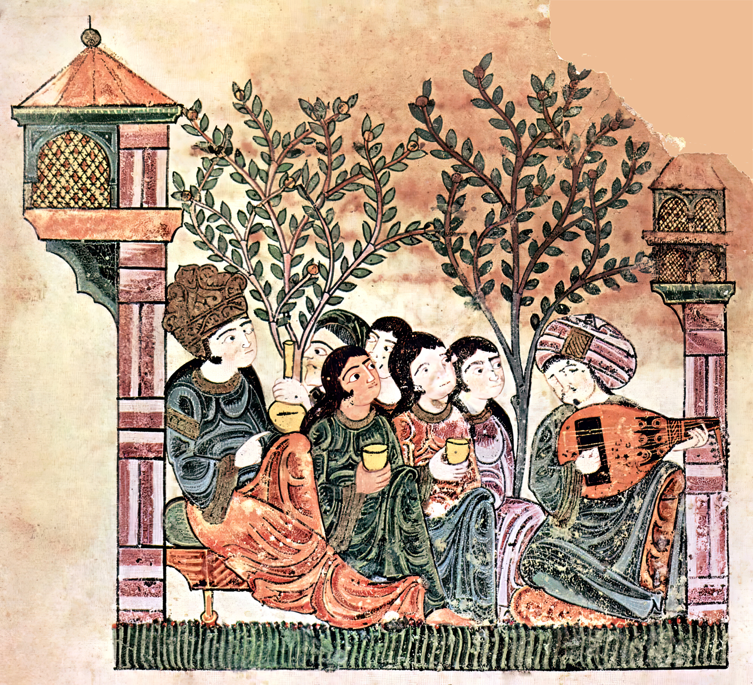 Bayad playing oud for Noble Lady and entourage (c. 13th century) | Vatican City, Bibliotheca Apostolica, manuscript Vaticano arabo 368