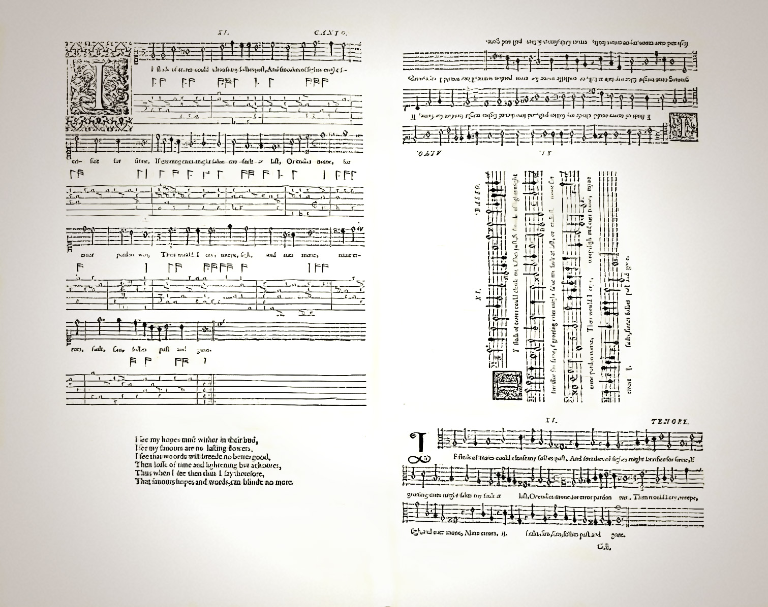 Second booke of songs or ayres | John Dowland (1563-1626) | Music score for performers sitting at a card table.