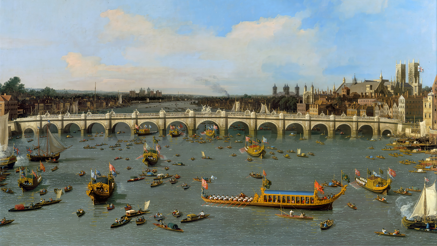 Westminster Bridge, with the Lord Mayor's Procession on the Thames