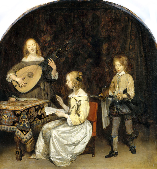 Concert Singer and Theorbo Player (c. 1657) | Gerard ter Borch | Amateur music making was common in merchant class and royal households during the Baroque era. | Louvre Museum