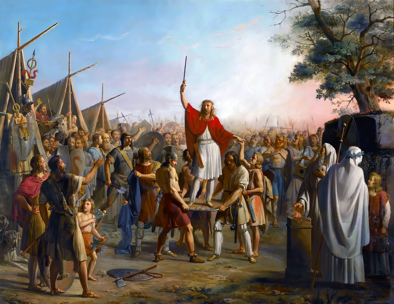 Phramond lifted on a shield by the Franks | Pierre Révoil (1776–1842) | Romantic depiction of the troubadour-crusader class. | Palace of Versailles