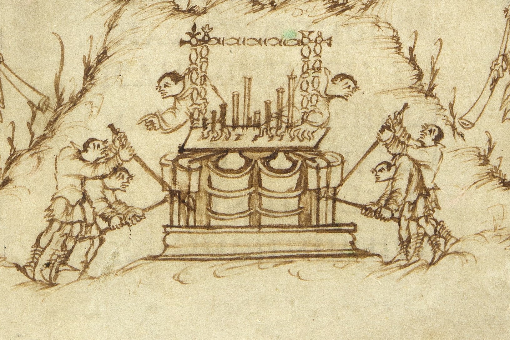 Medieval Organ | The men on the sides are pumping air for organ operation. From the Utrecht Psalter, c. 850 CE. | Utrecht University Library